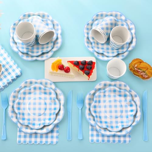 175 Pcs Blue Gingham Plates and Napkins Party Supplies