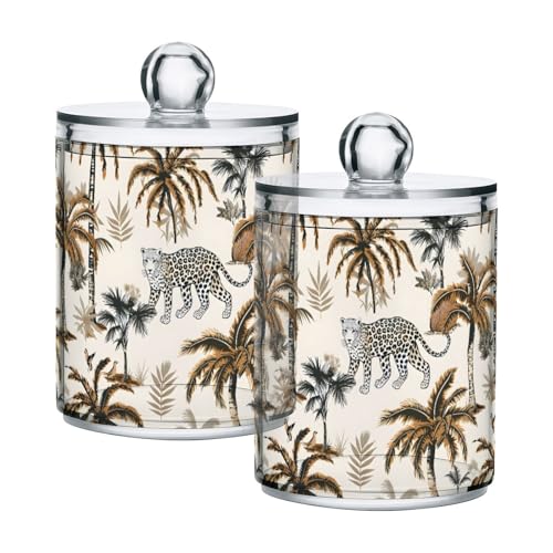 2 Pack Qtip Holder Organizer Dispenser Leopard Palm Trees Bathroom Storage Canister Cotton Ball Holder Container for Cotton Pads (2 Count)