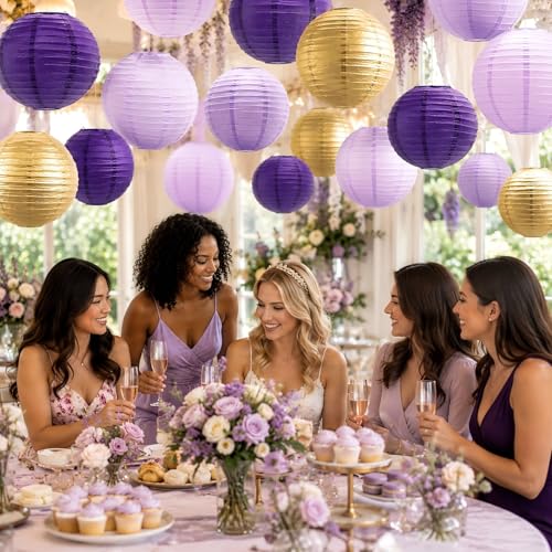 21 Pack Purple Gold Hanging Paper Lanterns Decorative (21 Count)