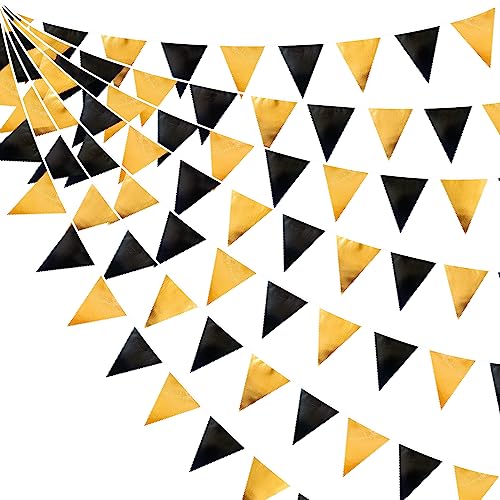 Black and Gold Party Decorations Triangle Pennant Banner Flag Metallic Fabric Bunting Garland for Birthday Graduation Anniversary Wedding Bachelorette Bridal Shower Engagement Hen Party Supplies (36 Count)