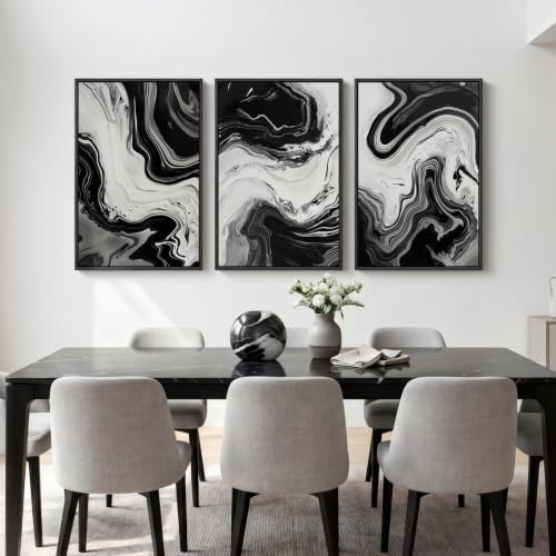 Large Framed Black and White Modern Abstract Wall Art Set of 3 (3 Count)