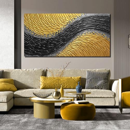 Black and Gold Hand Painted Oil Painting for Bedroom Abstract Pictures for Living Room Large 3D Textured Canvas Wall Art for Office Size 29 x 58 Inch