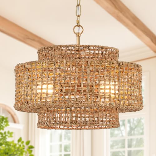 17.7" Gold Rattan Chandelier Light Fixture