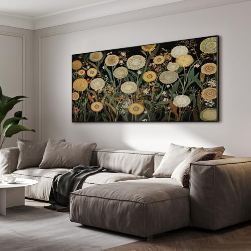 36"x72" Extra Large Framed Wall Art Whimsical Dandelion Field in Yellow and Green