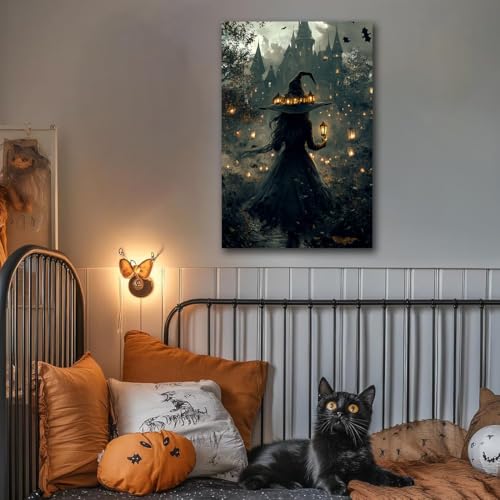 Halloween Witch and Haunted House Canvas Wall Art