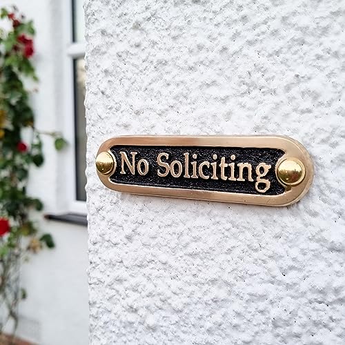 No Soliciting Brass Door Sign. Traditional Style Home Décor Wall Plaque Handmade By The Metal Foundry UK