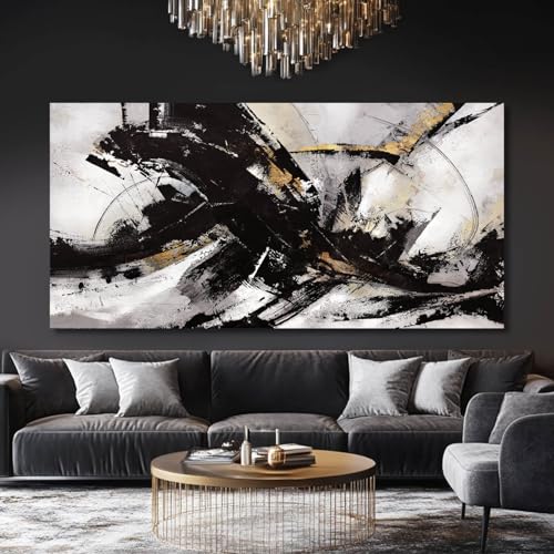 Abstract Wall Art for Living Room Canvas Wall Decor Large Artwork Black And Gold Wall Decorations Black Pictures for Wall 29"x58" (15 Count)