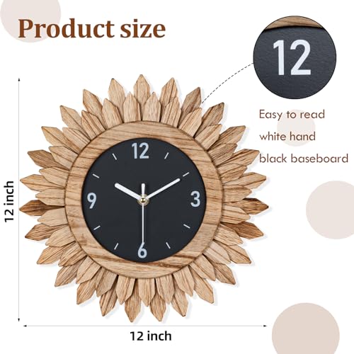 Wall Clock Battery Operated 12 in Rustic Wood Boho Sunburst Decorative Wall Clock Silent Non Ticking Farmhouse Small Wall Clocks for Living Room Kitchen Bathroom Bedroom Decor