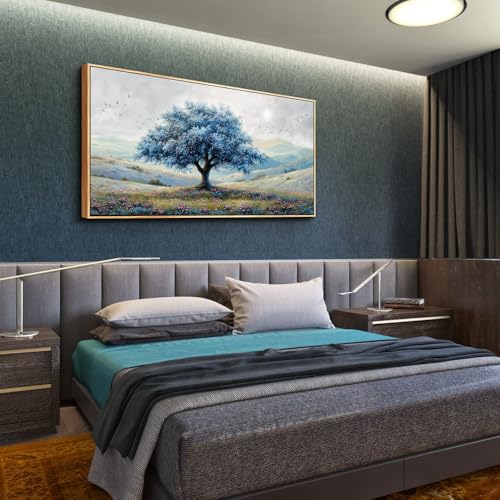 Large Wood Framed Wall Decor For Living Room Canvas Wall Art For Office Modern Wall Decorations For Bedroom Blue Tree Landscape Painting Farmhouse Pictures Artwork Home Decor 24x48 In