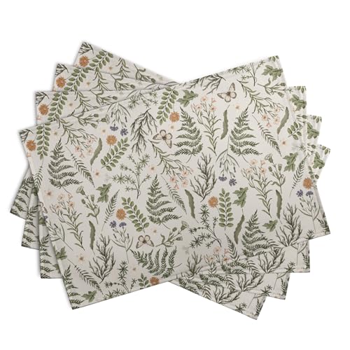 Sage Green Wild Flower Spring Summer Placemats Set of 4 Seasonal Wildflower Plants Herbs Linen Table Mats 12x18 Inch Vintage Floral Place Mats for Farmhouse Kitchen Dining Decoration (4 Count)