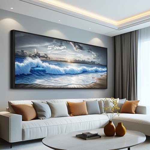 Large Canvas Modern Black White Printed Artworks Wall Decor For Living Room Wall Art For Bedroom Office Dining room Blue Ocean Wave Painting Wall Pictures Home Decor 32"X72" Black Frame