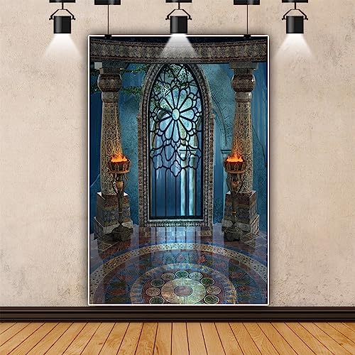 5x7ft Medieval Castle Backdrop for Photoshoot Portrait Pillar Torch Gothic Stone Tower Ancient Old Fortress Interior Photography Background Halloween Party Decor Wallpaper Photo Studio Props