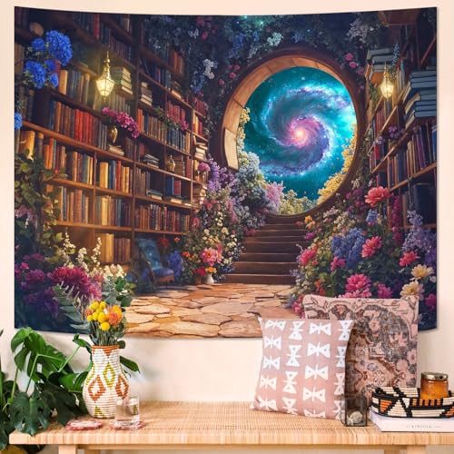 Floral Bookshelf Tapestry Fantasy Library Tapestries Wall Hanging Vintage Plant Flower Book Small Tapestry for Bedroom Living Room Dorm 60 x 44 inch