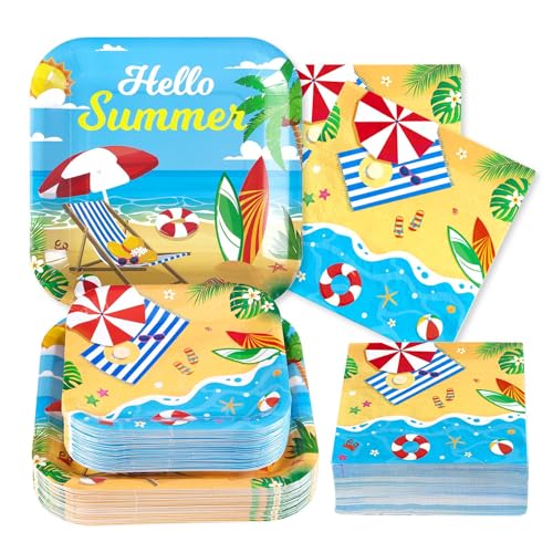 200Pcs Beach Party Supplies Hello Summer Party Plates Serves 50 (200 Count)