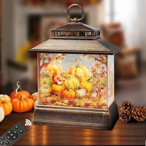 Fall Snow Globe Lantern Thanksgiving Pumpkins and Squirrels Water Lantern with Swirling Glitter 6H Timer Remote Control Fall Decorations for Home Thanksgiving Autumn Harvest