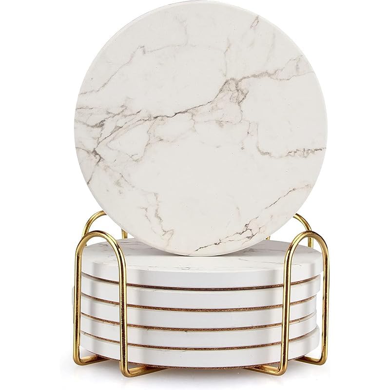 White Marble Coasters Set of 6 Absorbent Ceramic Cute Drink Coaster Holder (6 Count)