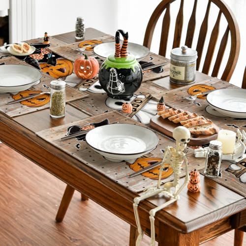 Wood Polka Dot Ghost Cat Boo Halloween Placemats Set of 4 (4 Count)
