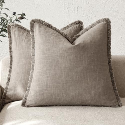 Decorative Linen Fringe Throw Pillow Covers 20×20 Inch (2 Count)