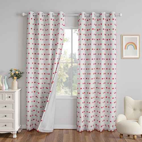 Red Christmas Blackout Curtains for Living Room 84 Inches Long Total Light Blocking Curtains for Bedroom 2 Panels Grommet 100% Thermal Insulated Window Drapes with Red Pom Sheer 50W x 84L