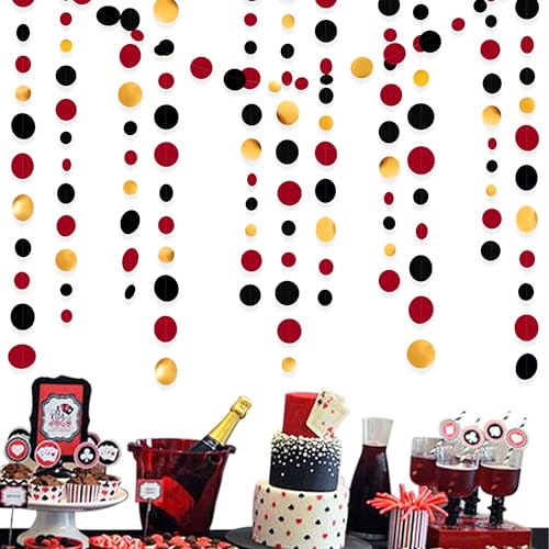 Gold Black Red Party Decorations Circle Dots Streamer Hanging Paper Polka Dots Garland for Graduation Birthday Wedding Anniversary Holiday Pirate Poker Casino Las Vegas Party Supplies