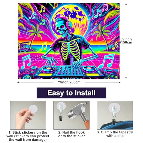 Halloween UV Tapestry DJ Skeleton Backdrop 78 x 59 Inch