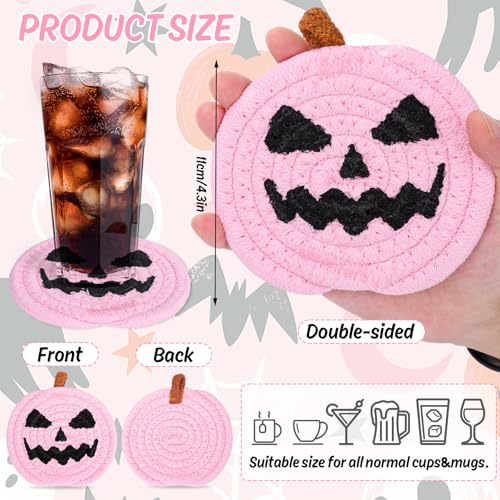 Halloween Pumpkin Cotton Coasters Pink Pumpkin Face Handmade Braided Drink Coasters Absorbent Cup Mats for Trick or Treat Party Home Table Decor (4 Count)