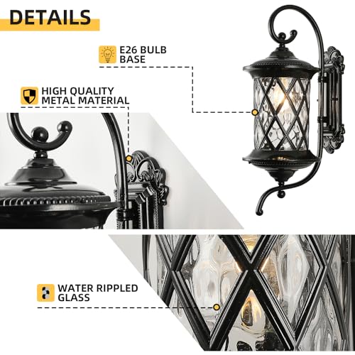 Retro Large Outdoor Wall Lanterns 24" Exterior Light Fixtures Coach Light Waterproof Aluminium with Water Glass Outside Wall Lamps for House Front Door Garage Porch Lighting