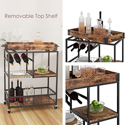 Bar Cart with Basket Wine Rack with Wheels Wood Metal Cart