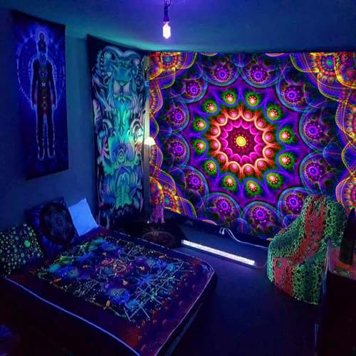 Blacklight Trippy Mandala Tapestry