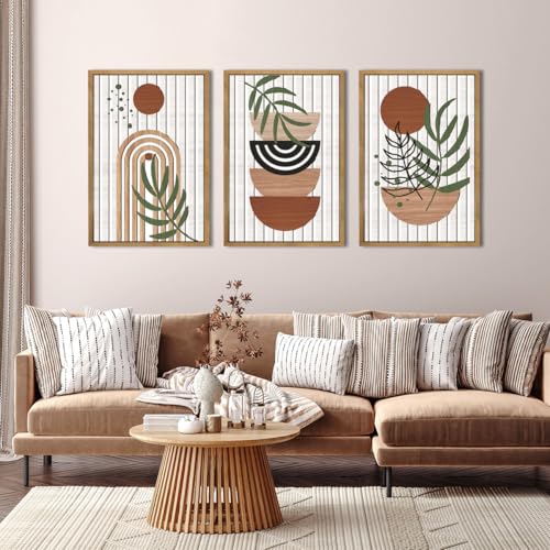 Large Boho Mid century Wood Framed Canvas Wall Art Set