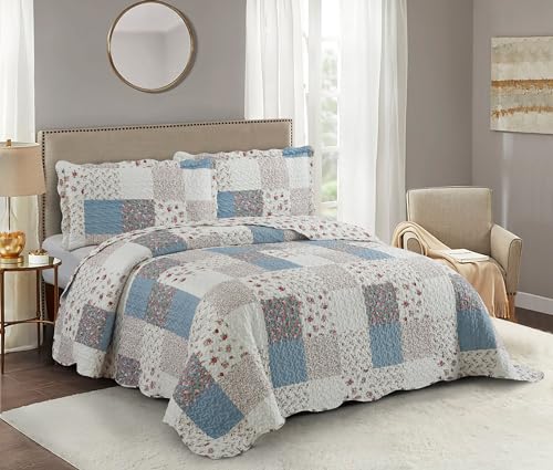 Pink Roses & Blue Checks Patchwork Quilt Set