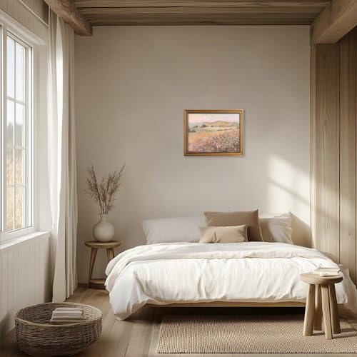 Vintage Wildflower Printing Gold Framed Wall Art Pink Flowers Landscape Canvas Artwork Natural Mounatin Pictures For Living Room Bedroom Apartment Decoration