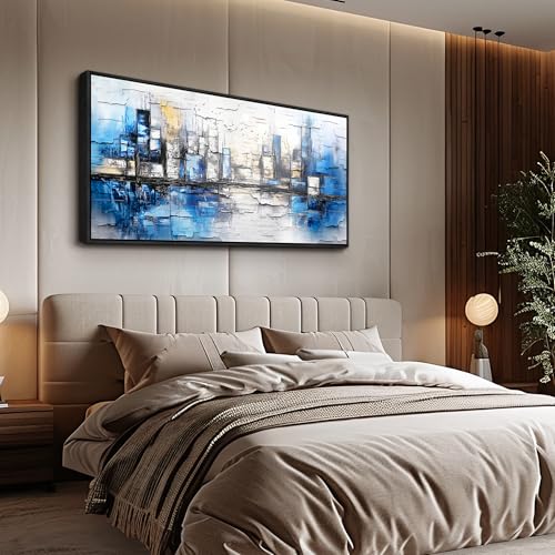 Large Black Framed Wall Decor For Living Room Canvas Wall Art For Office Modern Wall Decorations For Bedroom Blue Landscape Paintings Abstraction Pictures Artwork Home Decor 24x48 In