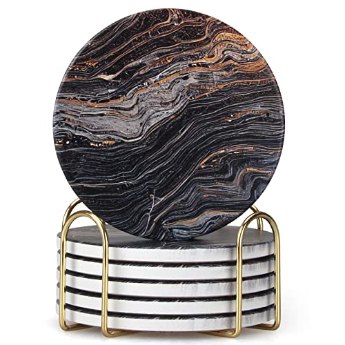 6 Pcs Black Ceramic Modern Coasters with Holder Absorbent Drink Coaster (6 Count)