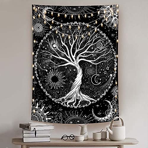 Tree of Life Tapestry Black and White Tapestry Mystical Sun and Moon Tapestries for Bedroom and Living Room Decor Black Tree 44×60 Inches