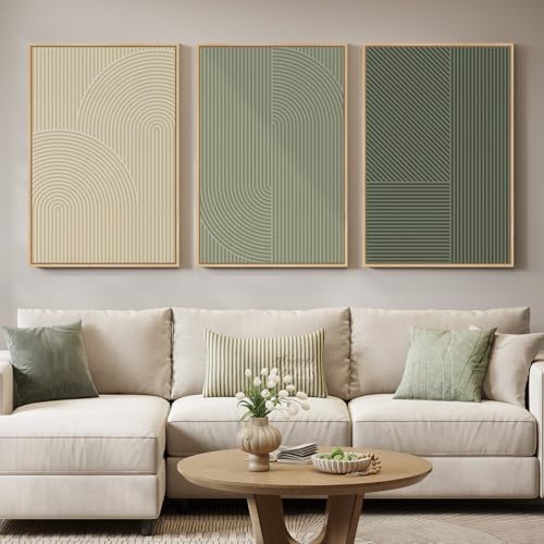 Large Framed Green Neutral Beige Abstract Wall Art for Living Room (3 Count)