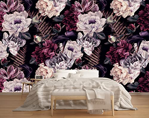 Floral Wallpaper Watercolor Dark Peony Flowers Mural Wallpaper for Bedroom Living Room