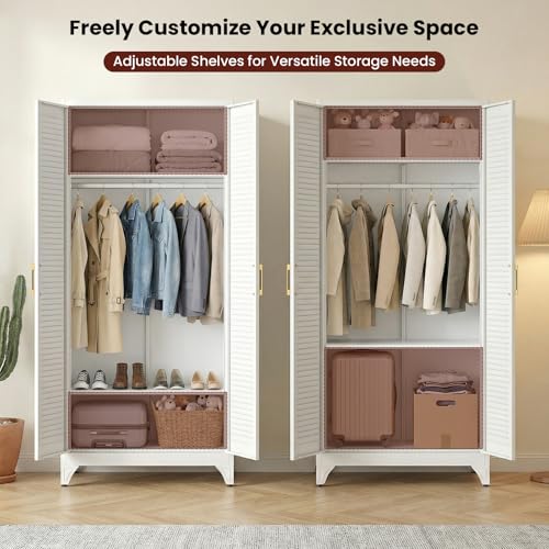 71" Tall White Wardrobe Closet with Door and Adjustable Shelves