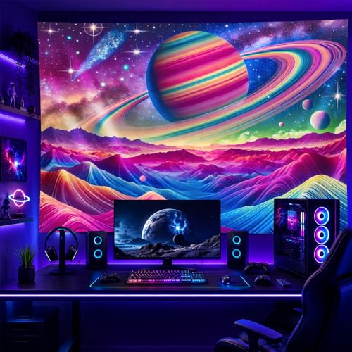 Blacklight Tapestry Saturn Landscape UV Backdrop 78 x 59 Inch