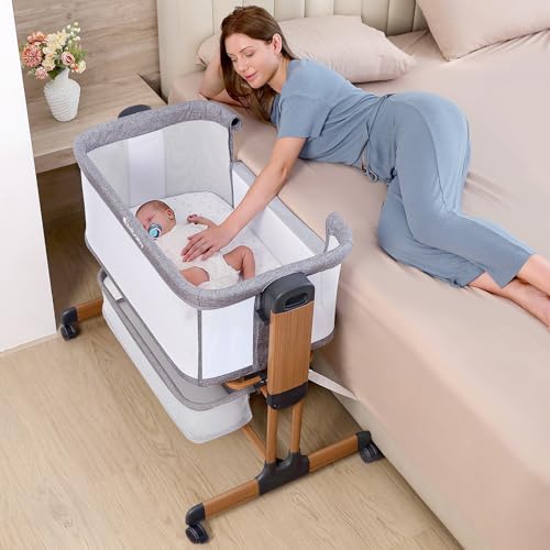 3-in-1 Baby Bassinet, Rocking Baby Bassinets Bedside Sleeper, Adjustable Portable Crib for Newborn Infant with Wheels Storage Basket and Mesh Sides