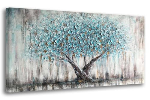 Tree Wall Art Canvas for Living Room Blue Tree of Life Nature Teal Abstract Painting