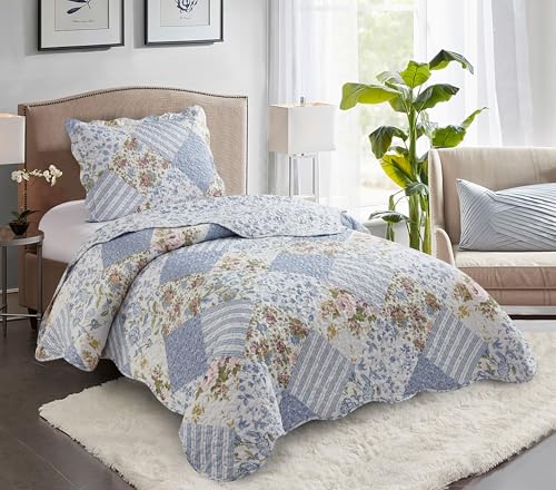 Blue Roses Patchwork Quilt Set