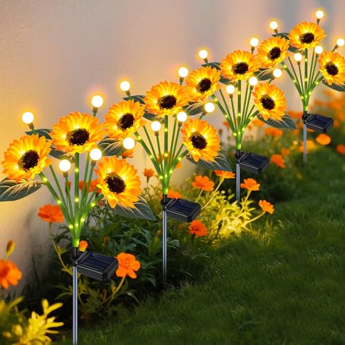 Solar Sunflower Lights Outdoor 4 Pack with Firefly Lights for Yard (2 Count)
