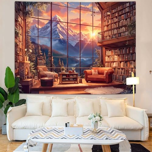 Forest Mountain Library Tapestry Fantasy Bookshelf Tapestries Wall Hanging Watercolor Nature Fairy Sunset Library Backdrop Large Tapestry for Bedroom Living Room Dorm Classroom 80 x 60 inch