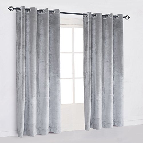 Super Soft Luxury Heavy Velvet Set of 2 Smoky Gray Classic Blackout Curtains Panels Home Theater Grommet Drapes Eyelet
