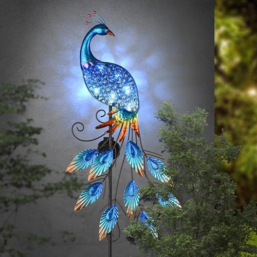 Garden Decor Blue Peacock with Solar Outdoor Lights