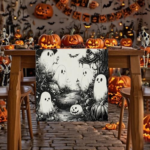 Halloween Table Runner Black Ghost Holiday Burlap Table Decoration Indoor Outdoor Home Decor Party Supply 13 x 48 Inch