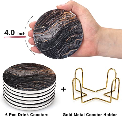 6 Pcs Black Ceramic Modern Coasters with Holder Absorbent Drink Coaster (6 Count)