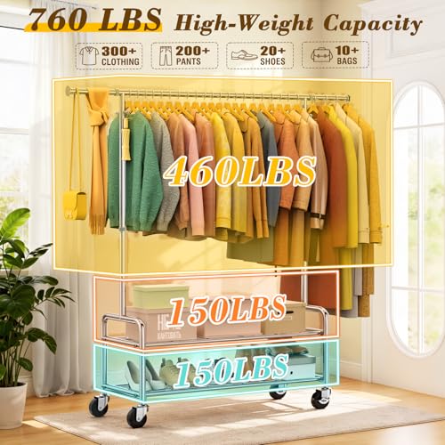 Upgraded 100% Stainless Steel Heavy Duty Clothes Rack with Shelves Loads 760 LBS