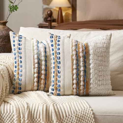 Boho Chenille Tufted Throw Pillow Covers 18x18 Inch Set of 2 (2 Count)